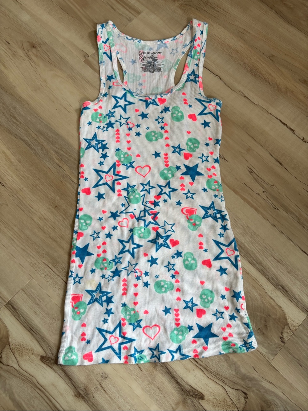 No Boundaries White Tank with Blue Stars, Mint Skulls & Pink Hearts